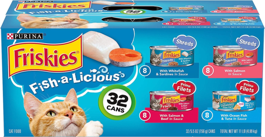 Purina Friskies Wet Cat Food Variety Pack Fish-A-Licious Extra Gravy, Prime Filets and Tasty Treasures - (Pack of 32) 5.5 oz. Cans : Pet Supplies