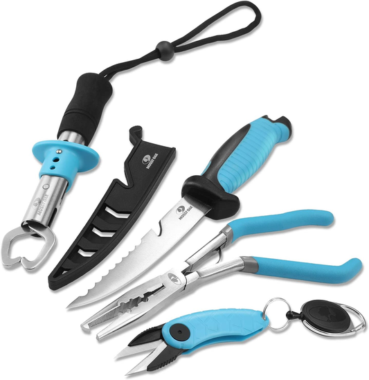 Mossy Oak 4pc Fishing Tool Kit - Pistol Grip Fishing Pliers, Fish Fillet Knife, Fishing Gripper, Line Snip, Fly Fishing Retractor with Retractable Lanyard : Sports & Outdoors