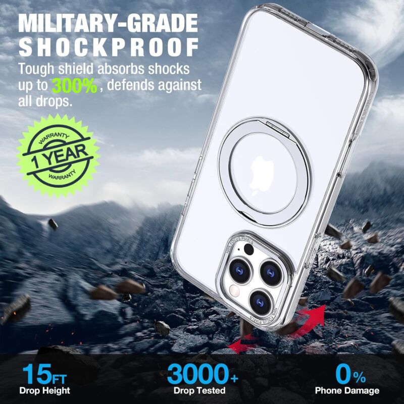 Bonkier for iPhone 16 Pro Case with Screen Protector & Lens Protector [15 FT Military Drop Protection] Magnetic Kickstand Compatible with MagSafe Slim Clear Case (Crystal Clear) : Cell Phones & Accessories