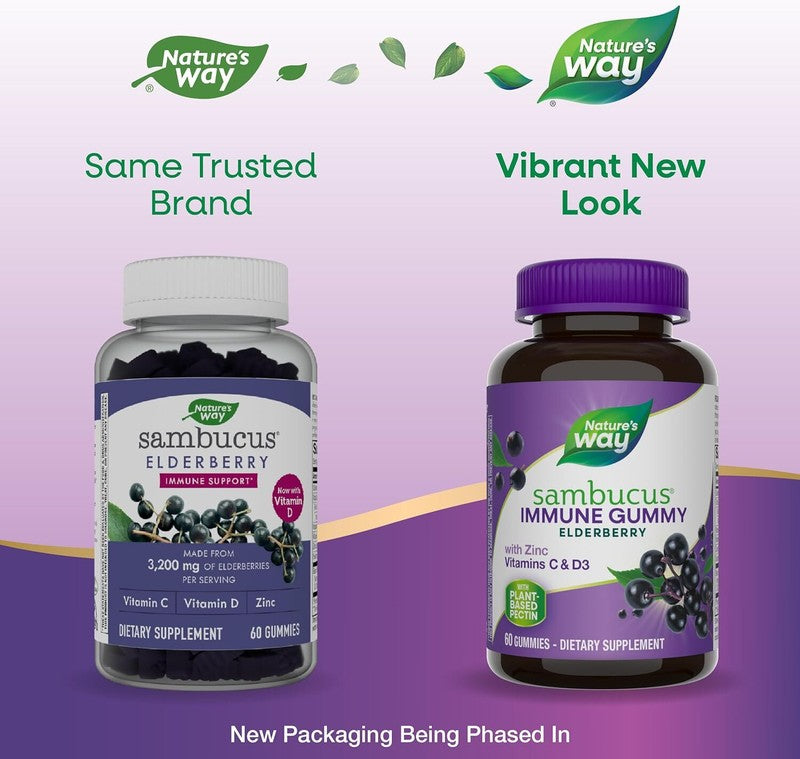Nature’s Way Sambucus Elderberry Immune Gummies, Daily Immune Support for Kids and Adults*, with Vitamin C, Vitamin D3, Zinc, Gluten Free, Vegetarian, 60 Gummies (Packaging May Vary) : Health & Household