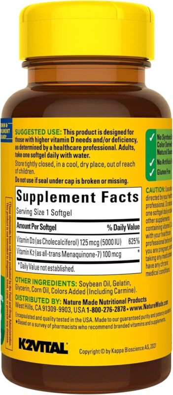 Nature Made Vitamin D3 K2, 5000 IU (125 mcg) Vitamin D, Dietary Supplement for Bone, Teeth, Muscle and Immune Health Support, 30 Softgels, 30 Day Supply : Health & Household