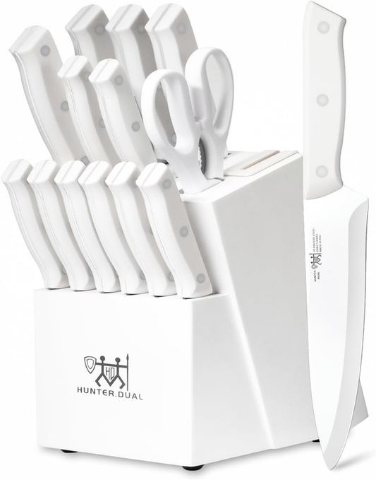 Knife Set, HUNTER.DUAL 15 Piece Kitchen Knife Set with Block and Built-in sharpener, Dishwasher Safe, Anti-slip Handle, White: Home & Kitchen
