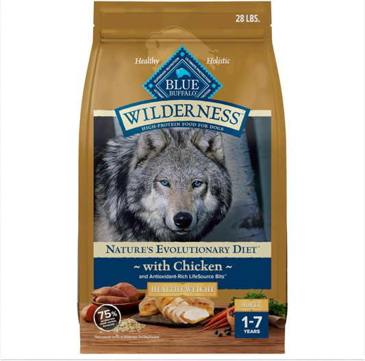 Blue Buffalo Wilderness Natural High-Protein Healthy Weight Dry Food for Adult Dogs, Chicken Recipe, 28-lb. Bag : Sports & Outdoors