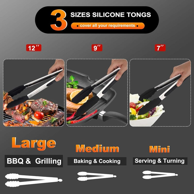 Anaeat Non-Stick Silicone Locking Tong Set of 3 - Stainless Steel 7", 9", 12" Kitchen Food Tongs with Non-Slip Silicone Tips and Grip for Cooking, Baking and BBQ - Heat Resistant up to 480°F (Black): Home & Kitchen