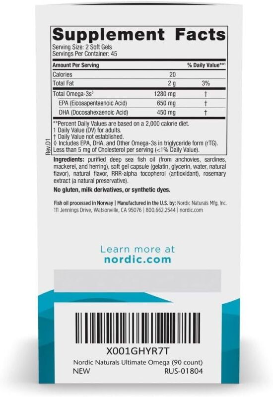 Nordic Naturals Ultimate Omega, Lemon Flavor - 90 Soft Gels - 1280 mg Omega-3 - High-Potency Omega-3 Fish Oil Supplement with EPA & DHA - Promotes Brain & Heart Health - Non-GMO - 45 Servings : Health & Household