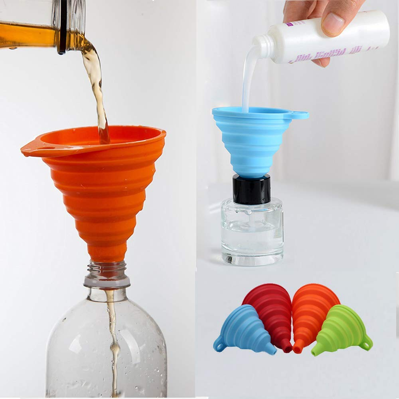 KongNai Kitchen Funnel Set 4 Pack, Small and Large, Kitchen Gadgets Accessories Foldable Silicone Collapsible Funnels for Filling Water Bottle Liquid Transfer Food Grade: Home & Kitchen