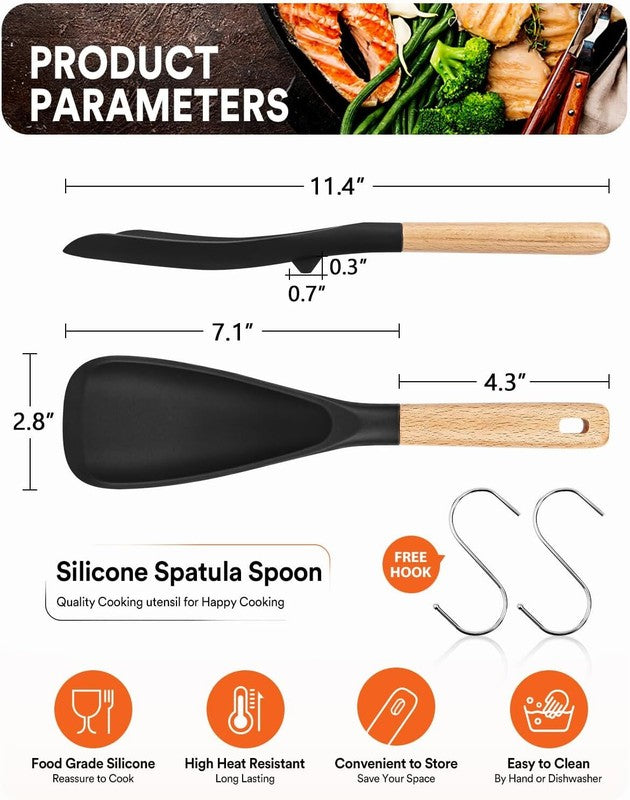 Cooking Spoon for Nonstick Cookwares, Great for Cooking and Serving Sturdy BPA-Free Matte Silicone, Wood Handle Spoon for Mixing, Scoop, and Scrape (Black & Grey, 11.4 inch): Home & Kitchen
