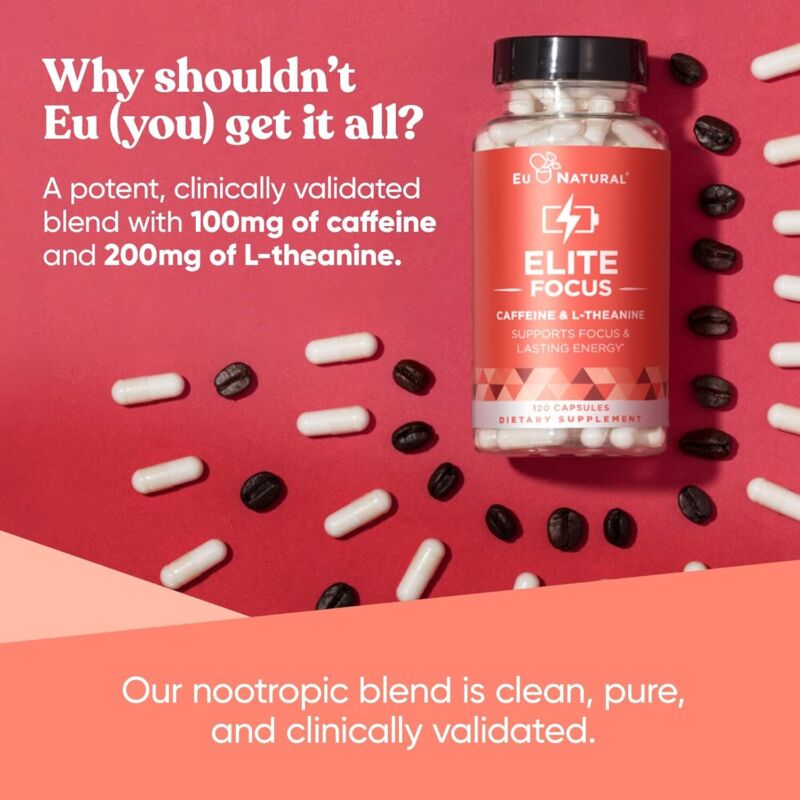Elite Caffeine Pills with L-Theanine – Jitter-Free Focused Energy Supplements – Clean & Natural Nootropic Stack for Smart Cognitive Performance – 120 Soft Capsules : Health & Household