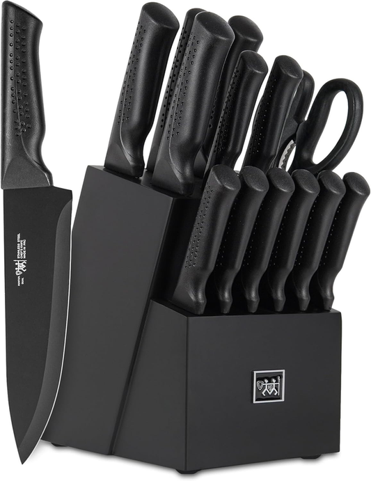 Knife Set, 15 Pcs Kitchen Knife Set with Block Self Sharpening, Dishwasher Safe, 6 Steak Knives, Anti-slip handle, Black: Home & Kitchen