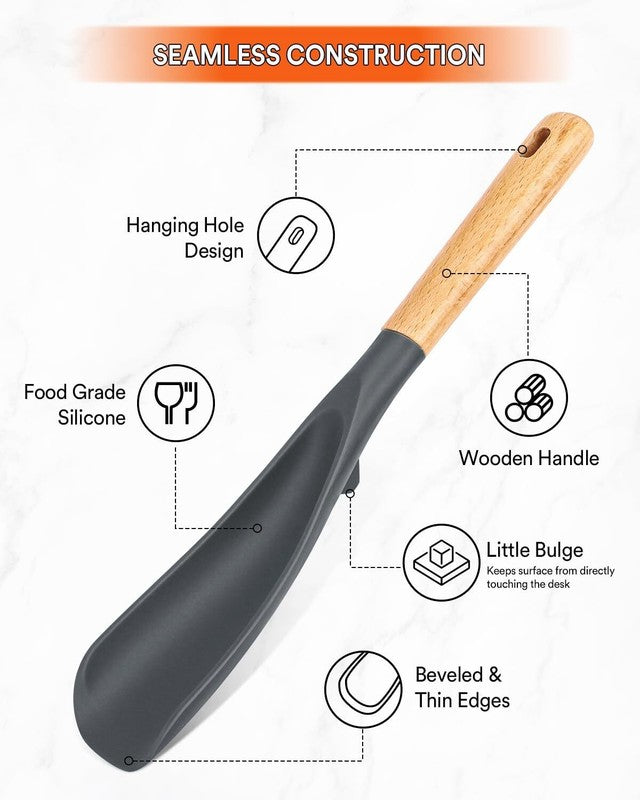 Cooking Spoon for Nonstick Cookwares, Great for Cooking and Serving Sturdy BPA-Free Matte Silicone, Wood Handle Spoon for Mixing, Scoop, and Scrape (Black & Grey, 11.4 inch): Home & Kitchen