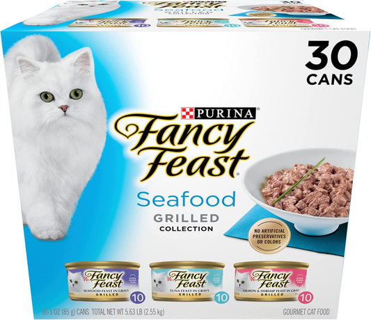 Purina Fancy Feast Grilled Wet Cat Food Seafood Collection in Wet Cat Food Variety Pack - (Pack of 30) 3 oz. Cans : Pet Supplies