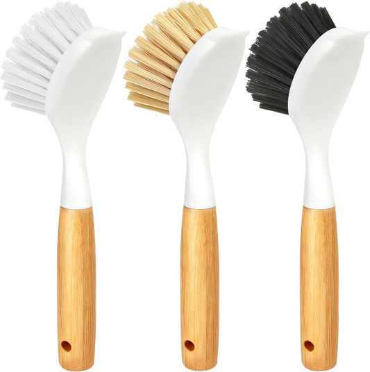 Holikme 3 Pack Dish Brush Set with Bamboo Handle, Kitchen Brushes for Cleaning Pot, Sink and Stove, Skillet Scrubber with Tough Bristles for Cast Iron Grill Pan, Yellow White Black : Health & Household