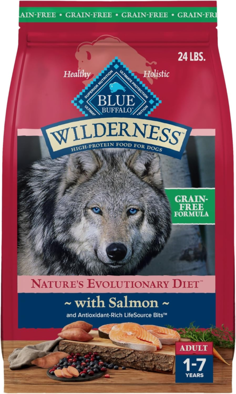 Blue Buffalo Wilderness Adult High-Protein Dry Dog Food with Real Salmon, Grain-Free, Made in the USA with Natural Ingredients, Salmon, 24-lb Bag