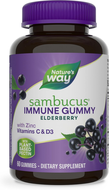 Nature’s Way Sambucus Elderberry Immune Gummies, Daily Immune Support for Kids and Adults*, with Vitamin C, Vitamin D3, Zinc, Gluten Free, Vegetarian, 60 Gummies (Packaging May Vary) : Health & Household