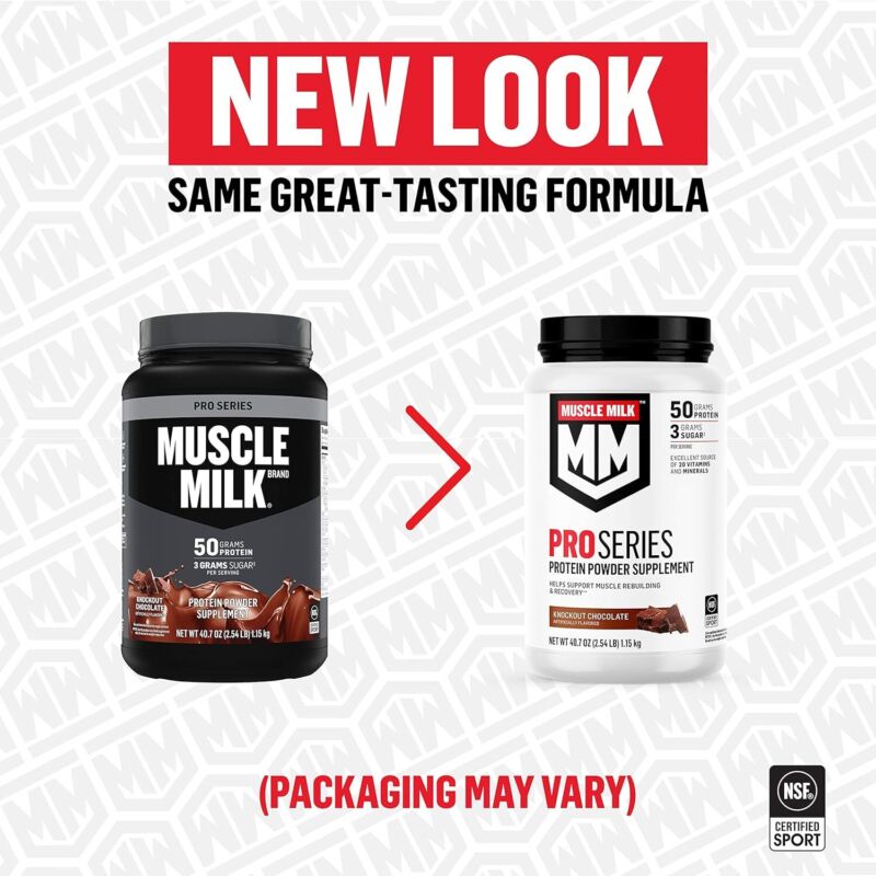 Muscle Milk Pro Series Protein Powder Supplement, Knockout Chocolate, 5 Pound, 28 Servings, 50g Protein, 3g Sugar, 20 Vitamins & Minerals, NSF Certified for Sport, Workout Recovery : Health & Household