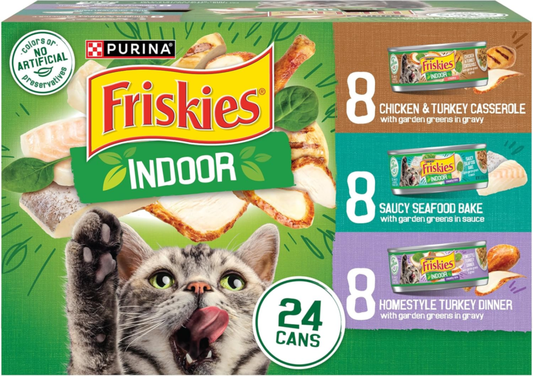 Purina Friskies Indoor Cat Food 24ct VP - (Chicken and Turkey Casserole, Saucy Seafood Bake, Homestyle Turkey Dinner) - (Pack of 24) 5.5 oz. Cans : Pet Supplies