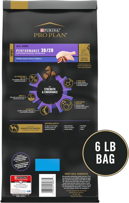 Purina Pro Plan Sport Performance 30/20 Turkey, Duck & Quail Formula Dry Dog Food - 6 lb. Bag : Pet Supplies