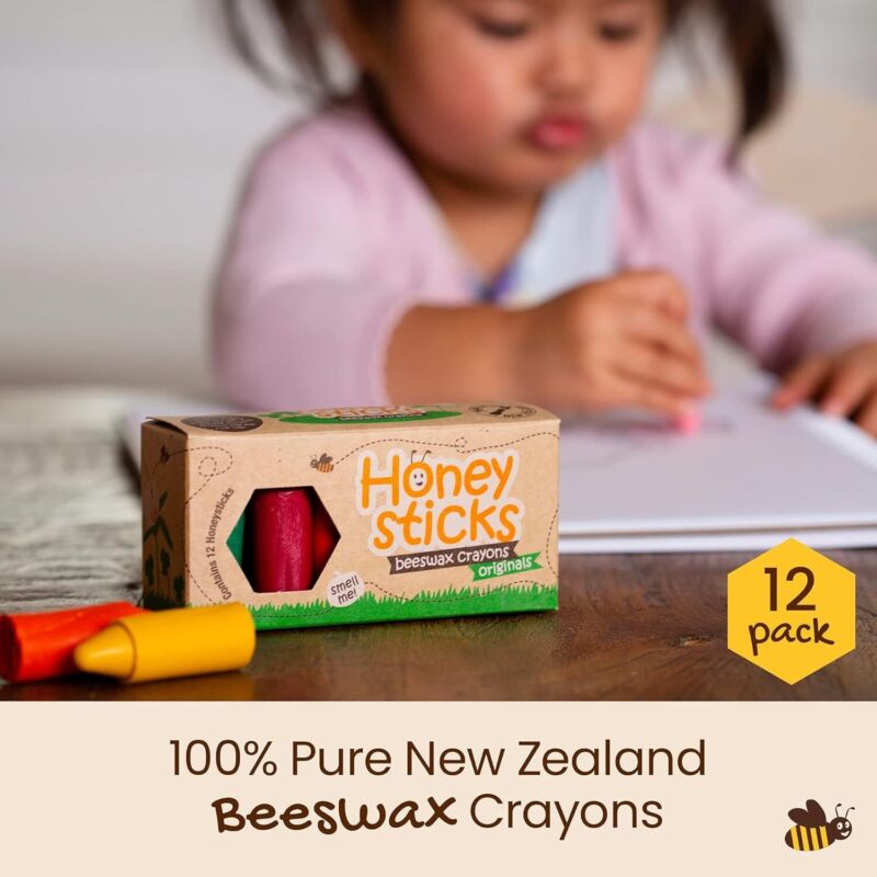 Honeysticks 100% Pure Beeswax Crayons (12 Pack) - Non Toxic Crayons, Safe for Babies and Toddlers, for 1 Year Plus, Handmade in New Zealand with Natural Beeswax, Food-Grade Colors, Eco-Friendly : Toys & Games