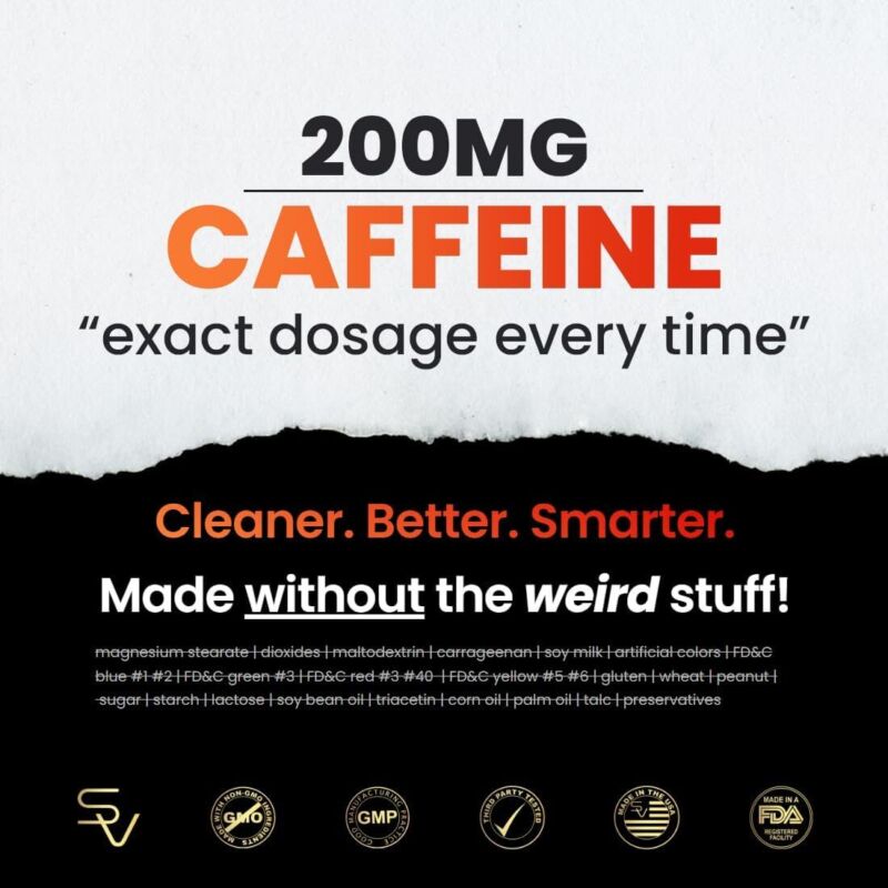 SmarterVitamins 200mg Caffeine Pills - MCT Oil from 100% Coconuts + 100mg L-Theanine, Energy and Focus, Extended Release Capsule, 50 Liquid Softgels : Health & Household