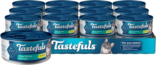 Blue Buffalo Tastefuls Natural Flaked Wet Cat Food Variety Pack, Tuna, Chicken and Fish & Shrimp Entrées in Gravy 5.5-oz Cans (12 Count - 4 of Each)