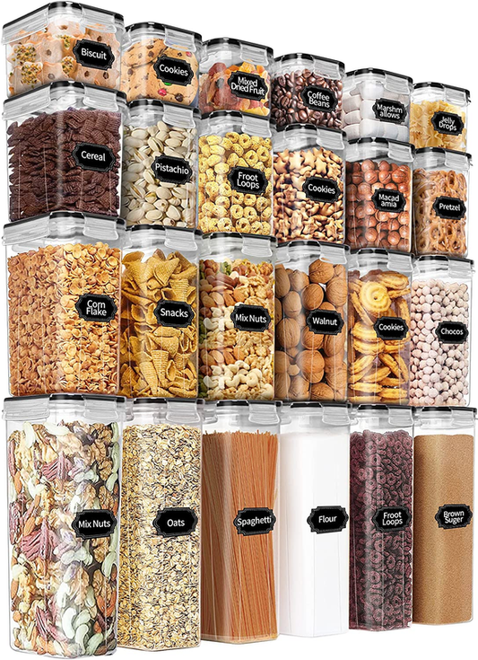 PRAKI Airtight Food Storage Containers Set with Lids - 24 PCS, BPA Free Kitchen and Pantry Organization, Plastic Leak-proof Canisters for Cereal Flour & Sugar - Labels & Marker: Home & Kitchen