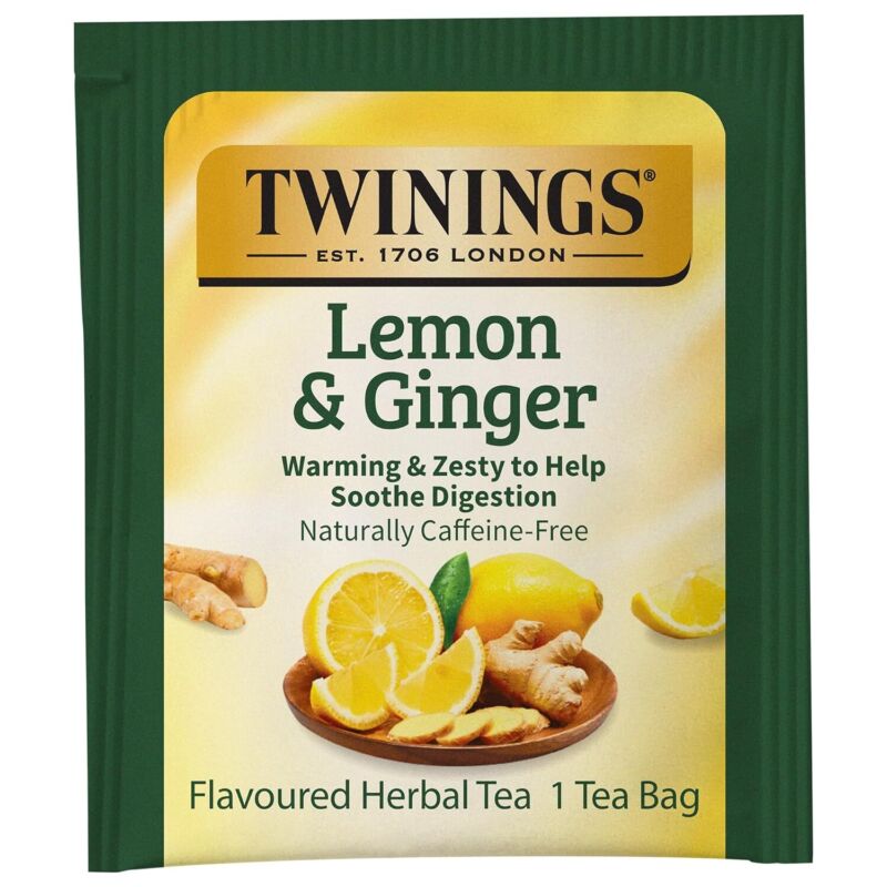 Twinings Lemon & Ginger Herbal Tea Individually Wrapped Bags, 100 Count (Pack of 1), Tangy Lemon, Spicy Ginger, Naturally Caffeine-Free, Enjoy Hot or Iced | Packaging May Vary : Grocery & Gourmet Food