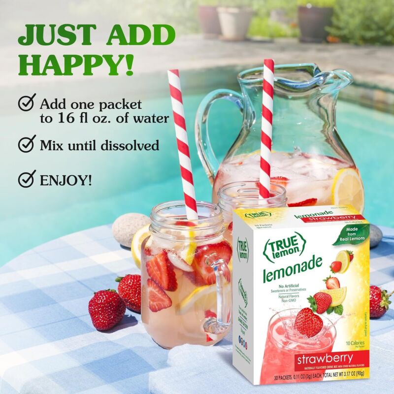 True Lemon Strawberry Lemonade Drink Mix 30ct Low Calorie Water Flavor Packets