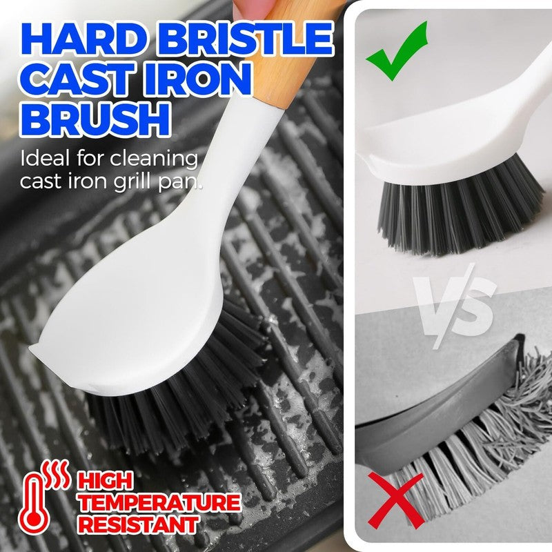 Holikme 3 Pack Dish Brush Set with Bamboo Handle, Kitchen Brushes for Cleaning Pot, Sink and Stove, Skillet Scrubber with Tough Bristles for Cast Iron Grill Pan, Yellow White Black : Health & Household