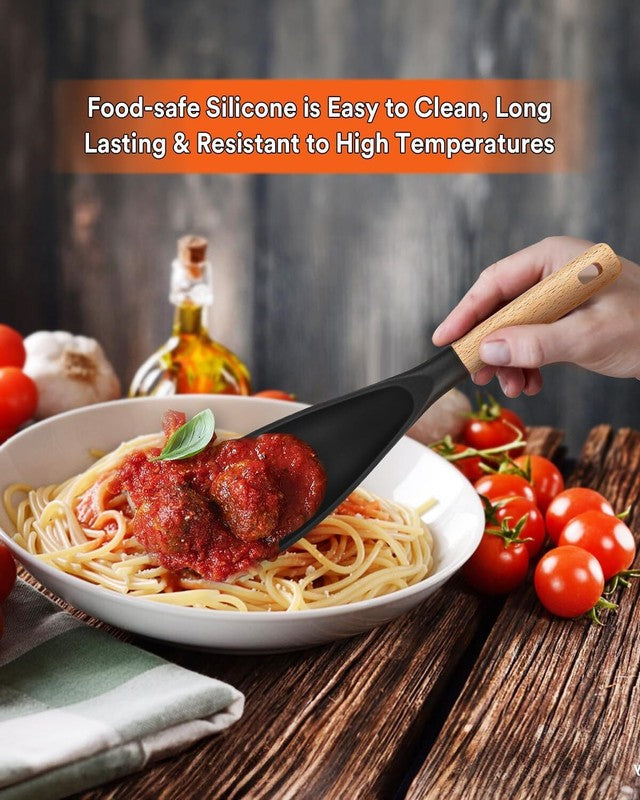 Cooking Spoon for Nonstick Cookwares, Great for Cooking and Serving Sturdy BPA-Free Matte Silicone, Wood Handle Spoon for Mixing, Scoop, and Scrape (Black & Grey, 11.4 inch): Home & Kitchen