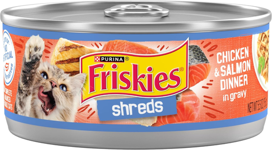 Purina Friskies Shreds Chicken and Salmon Dinner in Wet Cat Food Gravy (24)5.5oz