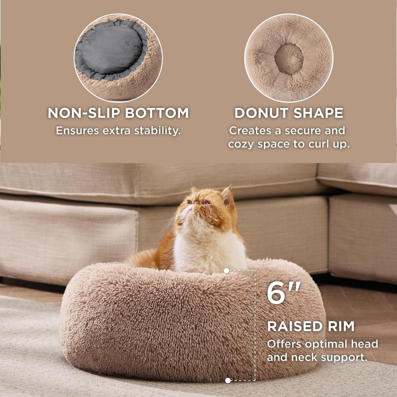 Bedsure Calming Cat Beds for Indoor Cats - Small Cat Bed Washable 20 inches, Anti-Slip Round Fluffy Plush Faux Fur Pet Bed, Fits up to 15 lbs Pets, Camel : Pet Supplies