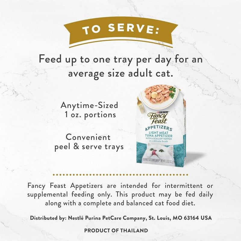 Purina Fancy Feast Appetizers Lickable Grain Free Wet Cat Food Topper Light Meat Tuna Appetizer with Scallop - (Pack of 10) 1.1 oz. Trays : Pet Supplies