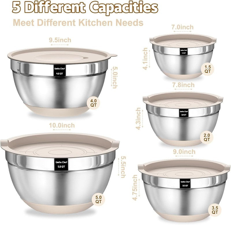 Umite Chef Mixing Bowls with Airtight Lids Set, 8PCS Stainless Steel Khaki Nesting Bowls with Grater Attachments, Kitchen Bowls with Non-Slip Bottoms, Size 5, 4, 3.5, 2, 1.5QT for Mixing & Serving: Home & Kitchen