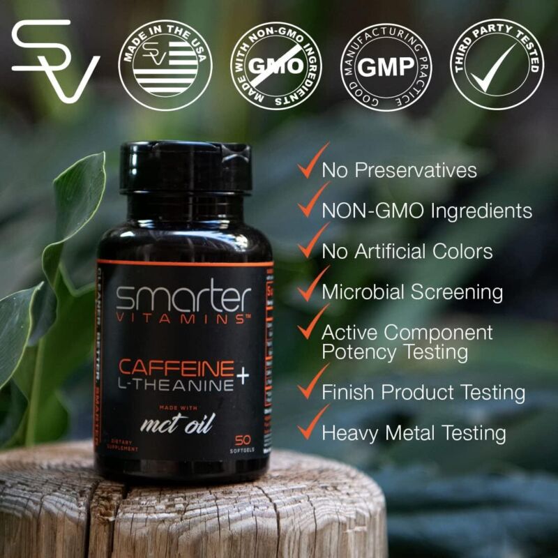 SmarterVitamins (3-Pack 200mg Caffeine Pills with 100mg L-Theanine + Coconut MCT Oil, Energy and Focus, Extended Release Capsule, 150 Liquid Softgels : Health & Household